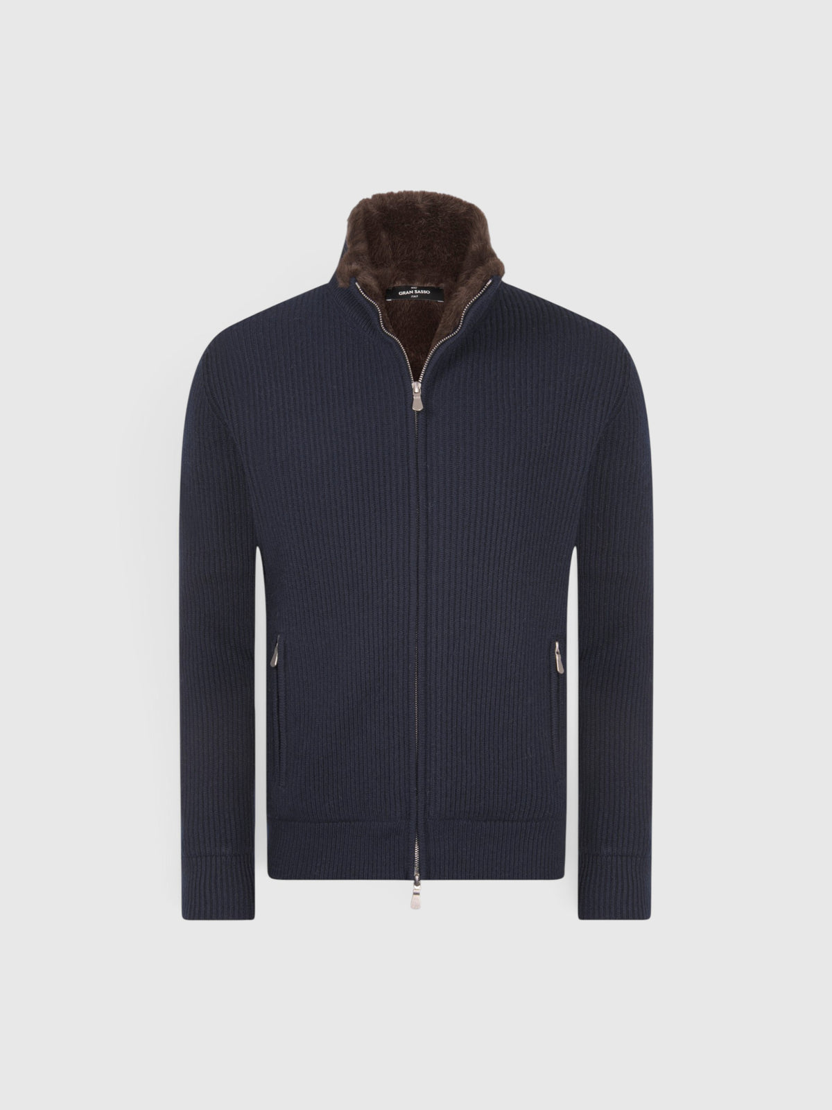 Cashmere and faux fur fisherman's rib jacket Navy Blue