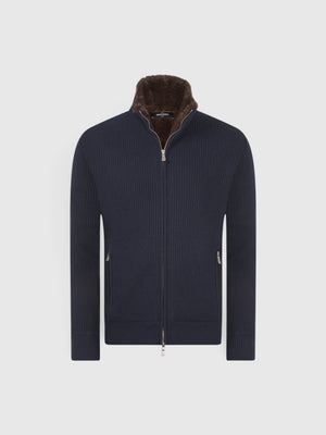 Cashmere and faux fur fisherman's rib jacket Navy Blue