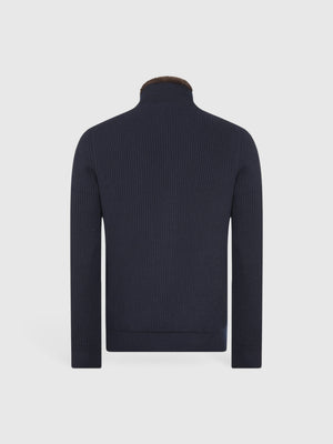 Cashmere and faux fur fisherman's rib jacket Navy Blue