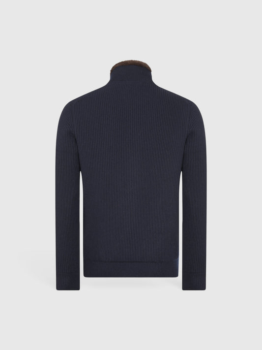 Cashmere and faux fur fisherman's rib jacket Navy Blue
