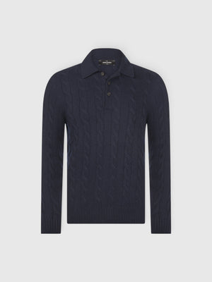Cabled and ribbed cashmere polo Navy Blue