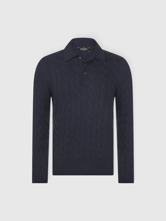 Cabled and ribbed cashmere polo Navy Blue