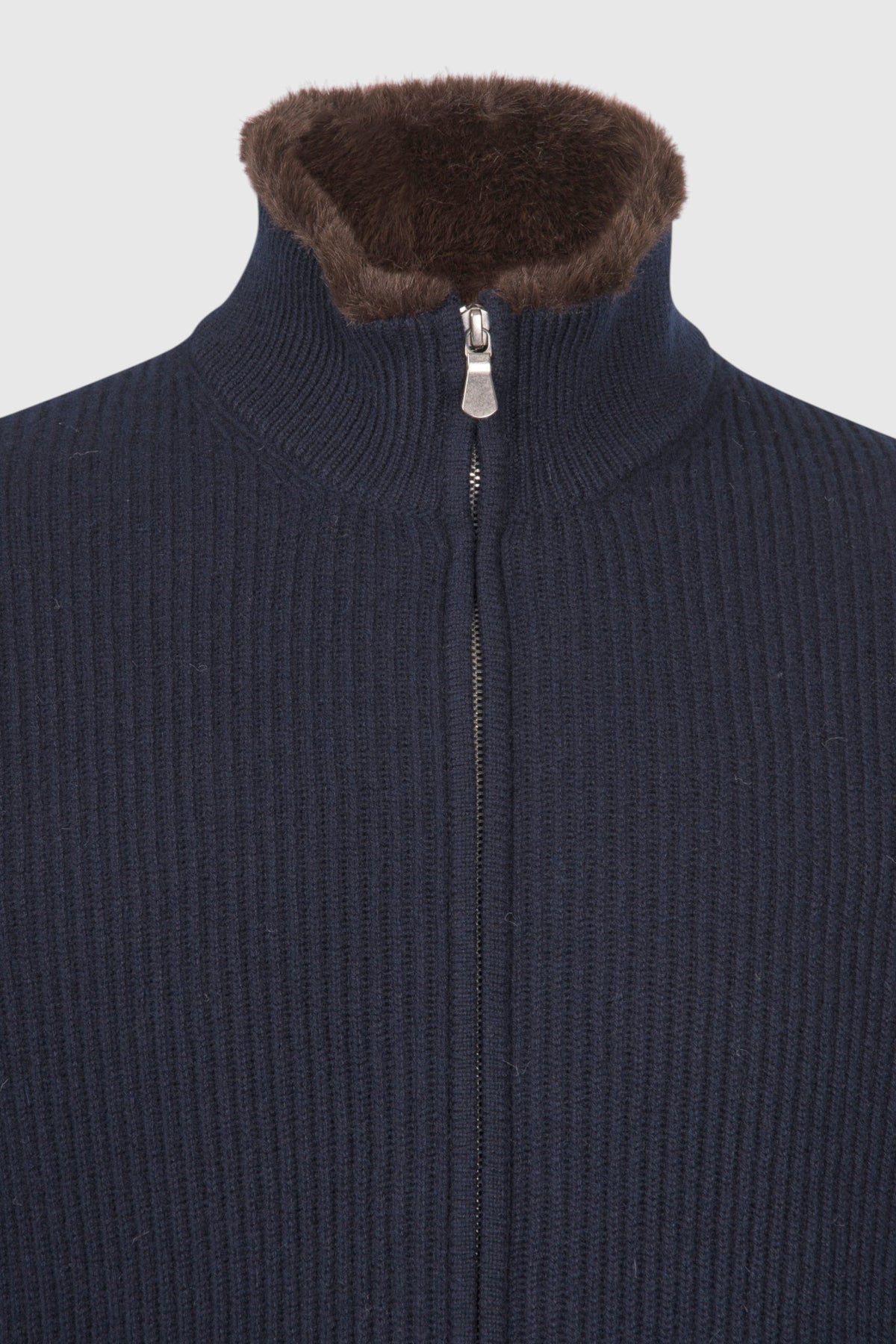 Cashmere and faux fur fisherman's rib jacket Navy Blue