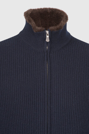 Cashmere and faux fur fisherman's rib jacket Navy Blue