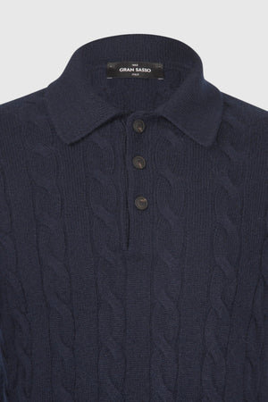 Cabled and ribbed cashmere polo Navy Blue
