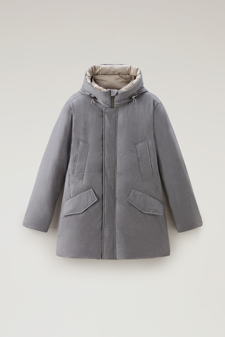 Woolrich Parka aus einer italienischen Woll- und Seiden-Mischung aus Loro Piana-Gewebe Light Grey Melange