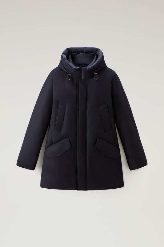 Woolrich Parka aus einer italienischen Woll- und Seiden-Mischung aus Loro Piana-Gewebe Melton Blue